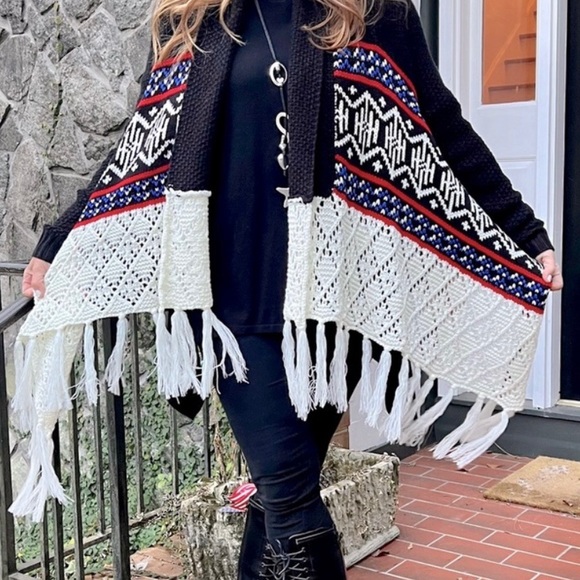 Fringe trim open draped sweater/cardigan - Picture 2 of 6